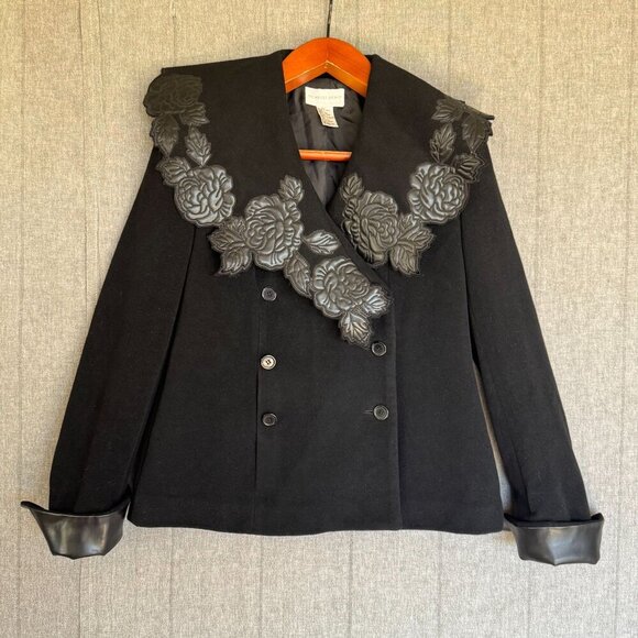 Vintage Newport News Black Wool Blend Faux Leather Floral Applique Collar Coat - Picture 1 of 14